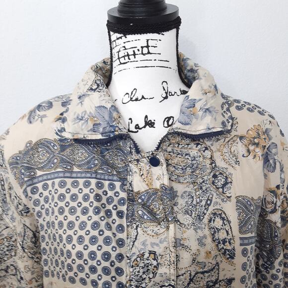 Vintage 80s 100% Silk Bomber Jacket Shoulder Pads Blue Windbreaker Women L Retro - Picture 4 of 12